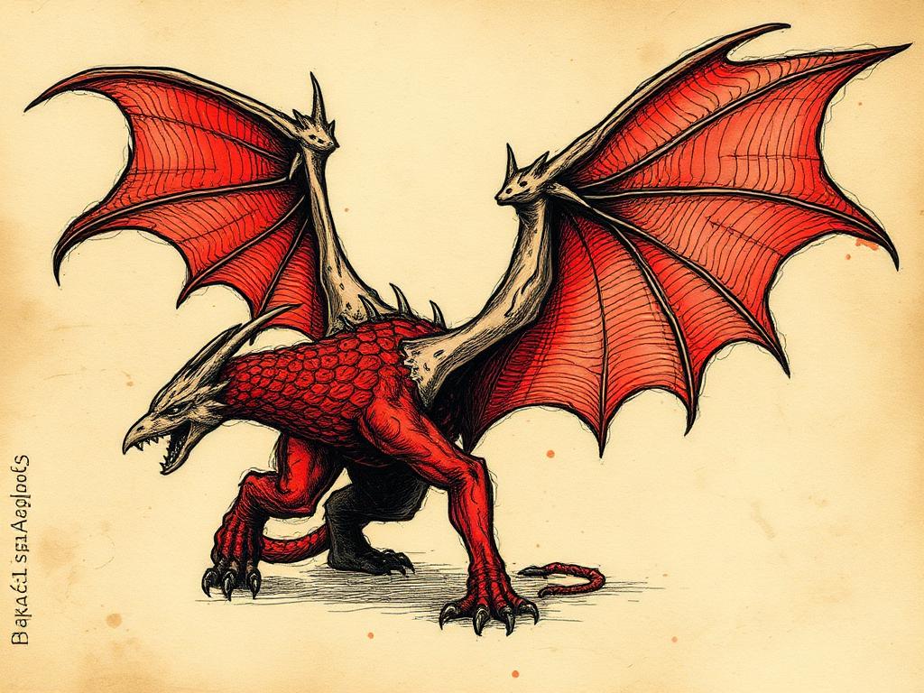 Ilustração de criatura fantástica em página de bestiário