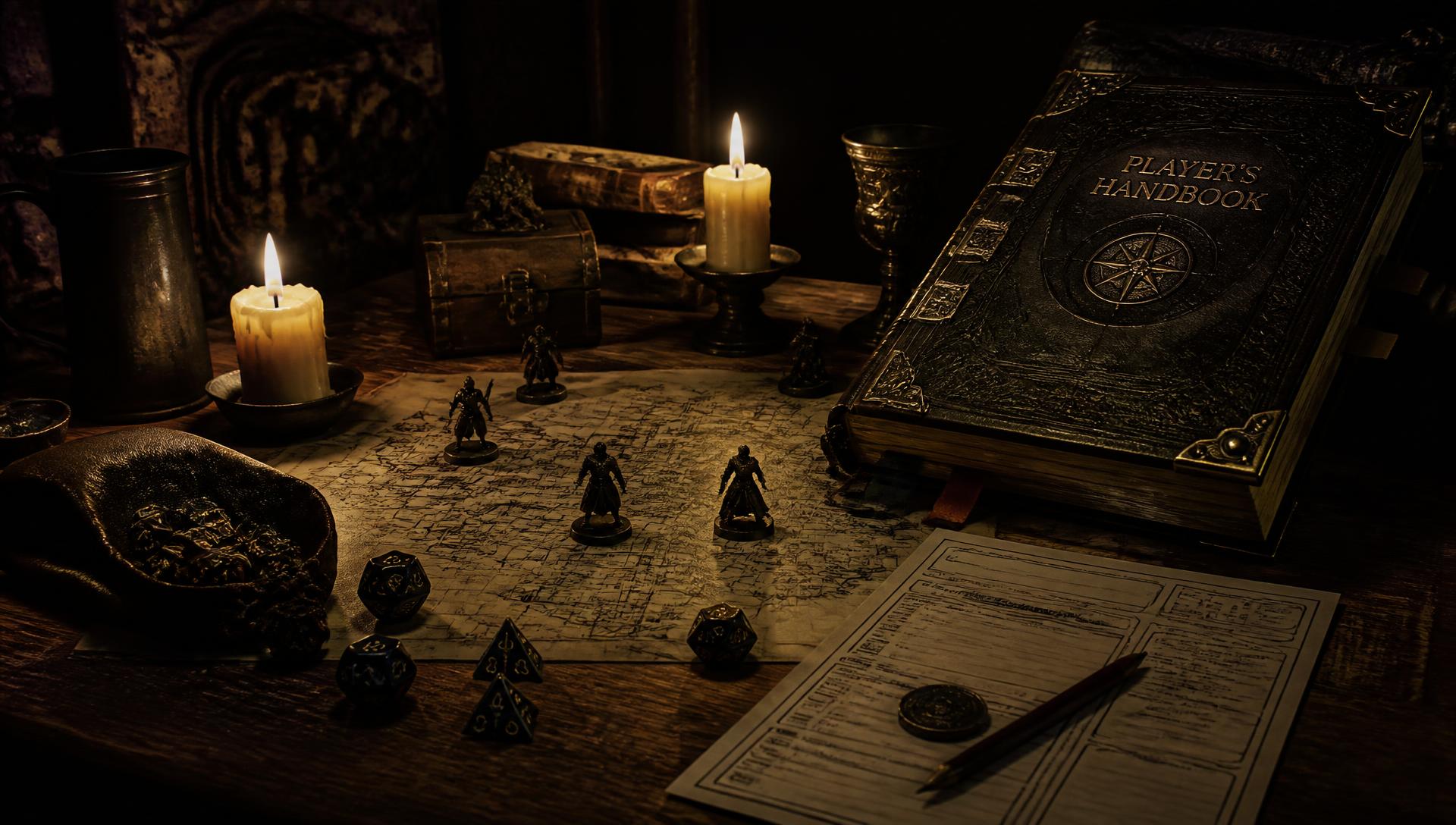 Mesa de RPG iluminada com mapa, dados e fichas de personagem