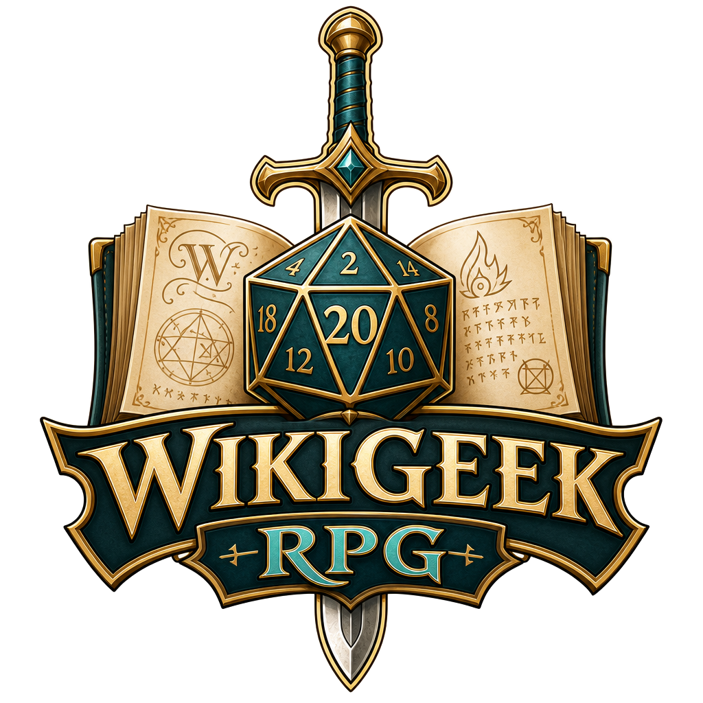 Logo WikiGeekRPG: dado de vinte faces com espada e grimório